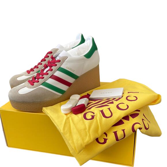 Adidas x Gucci Wedge Gazelle Platform Sneakers in White Leather US 10.5 IT 40.5 - Picture 1 of 15